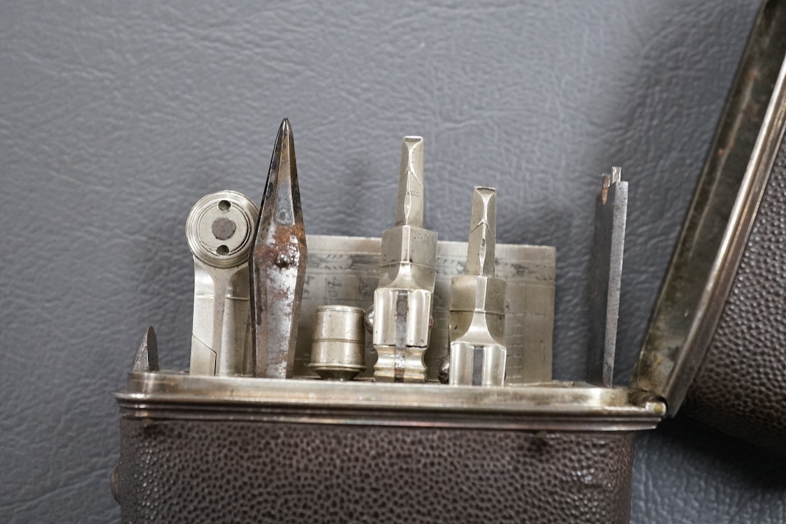 An early to mid 19th century pocket draughtsman's set containing steel drawing implements, (several items missing/broken).